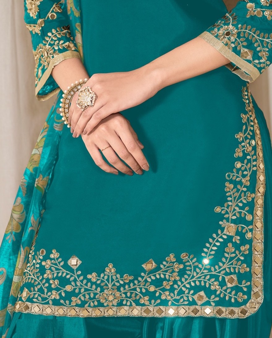 225-blue - Mirror Work Teal Embroidered Punjabi Suit